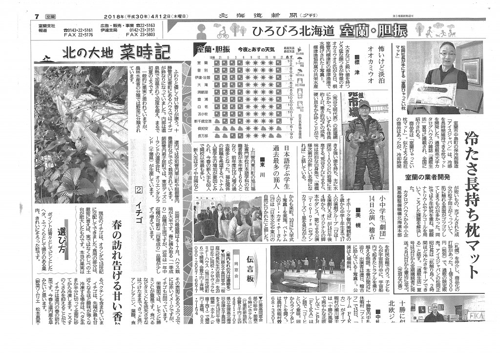 限定商品「室蘭ひゃっこい枕マット」北海道新聞、室蘭民報記事掲載 - 保冷剤（蓄冷剤）・蓄熱剤の製造販売｜（株）アイスジャパン | 保冷剤（蓄冷